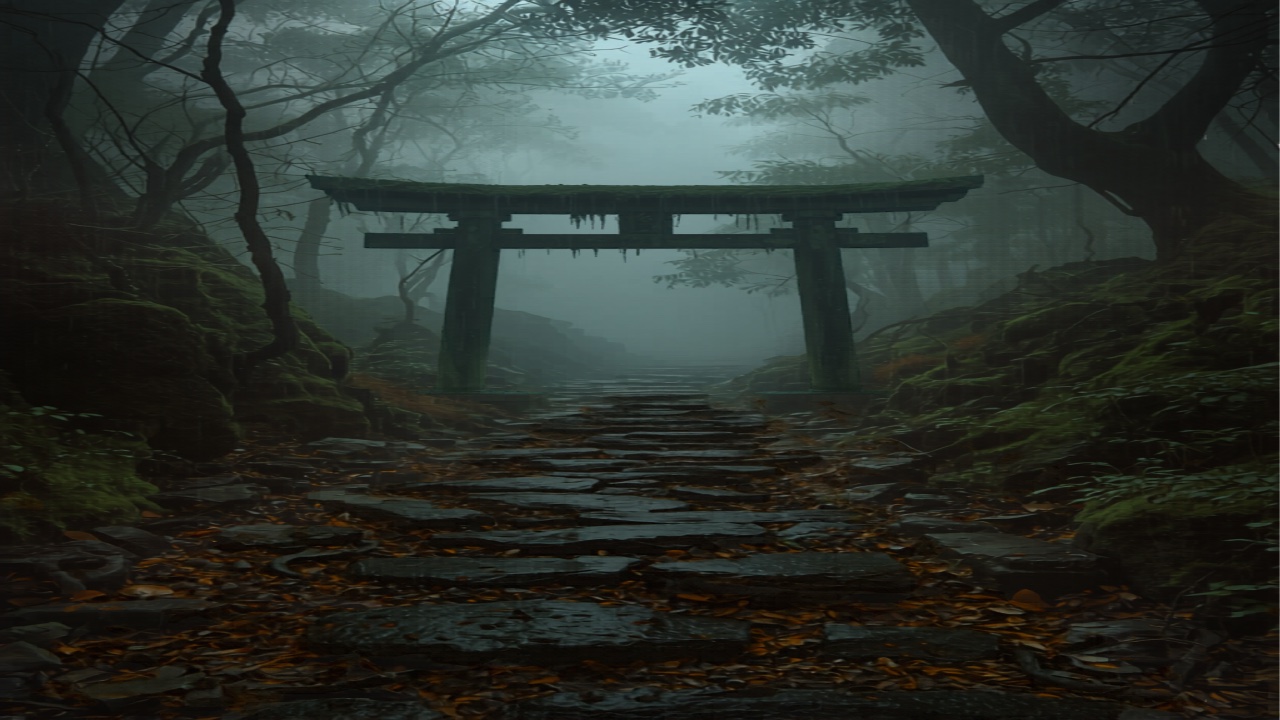 霧の森に佇む古い鳥居と石畳の参道